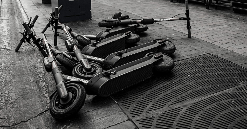 Electric scooters are fallen on the streets