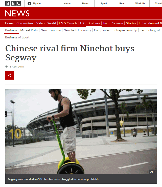 Screenshot of the BBC news where they announce Segway's acquisition by Ninebot.