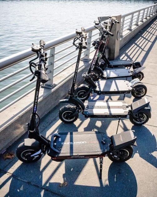 Dualtron scooters standing in the row.