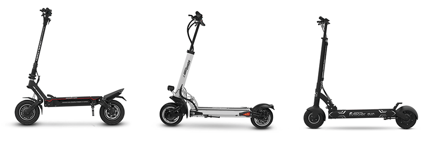 3 brands of Minimotors electric scooters - Dualtron, Speedway, and Futecher.