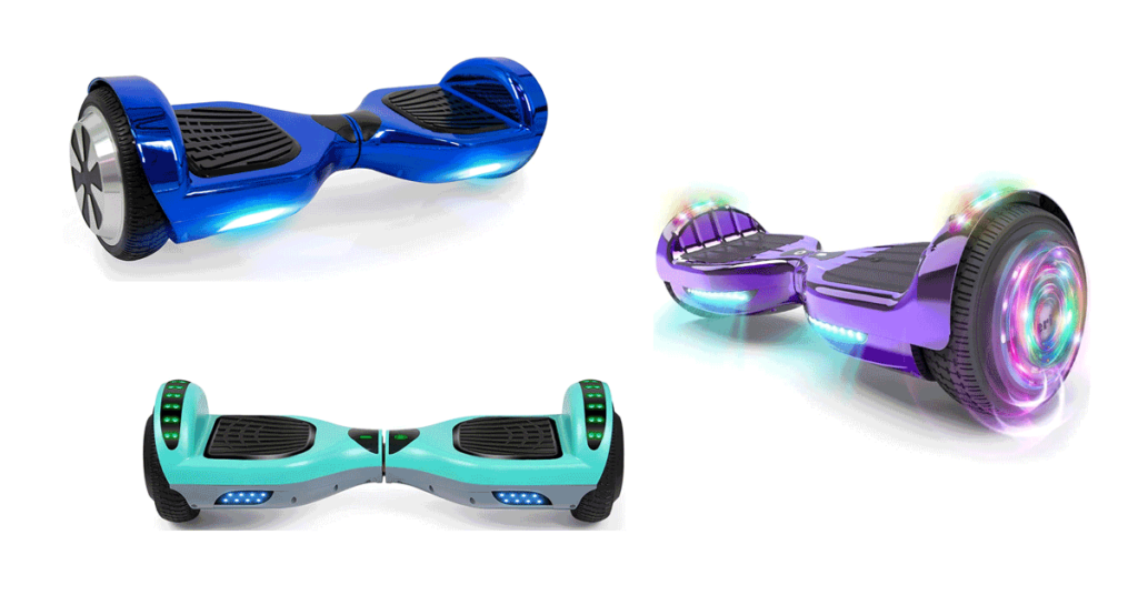 photo collage of blue, pink and green hoverboards