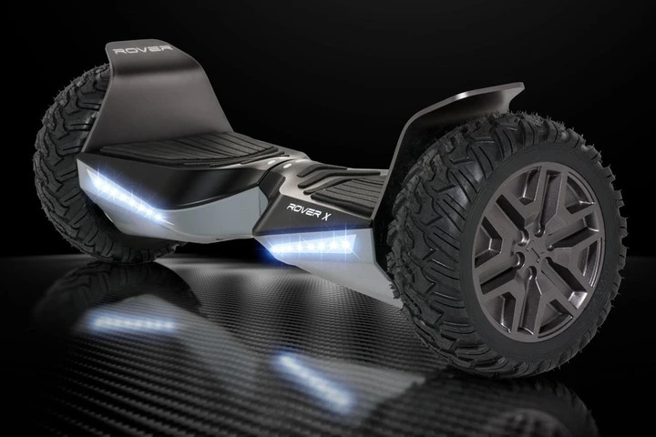 black hoverboard with big off-road tires