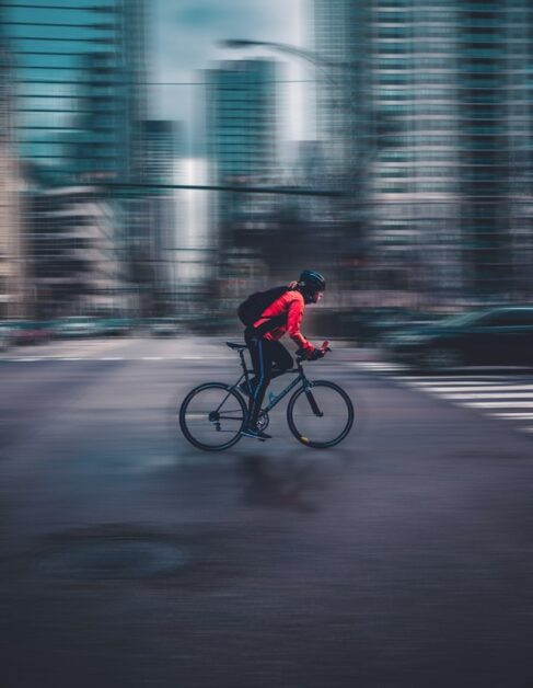 bicycle commuter is rushing to work