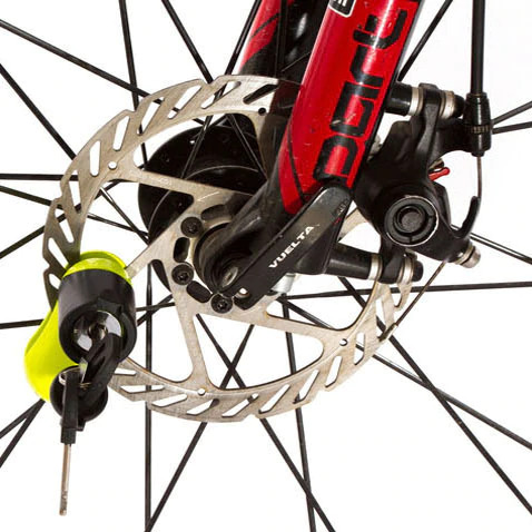 Disc brake locks on a brake disc of bicycle.