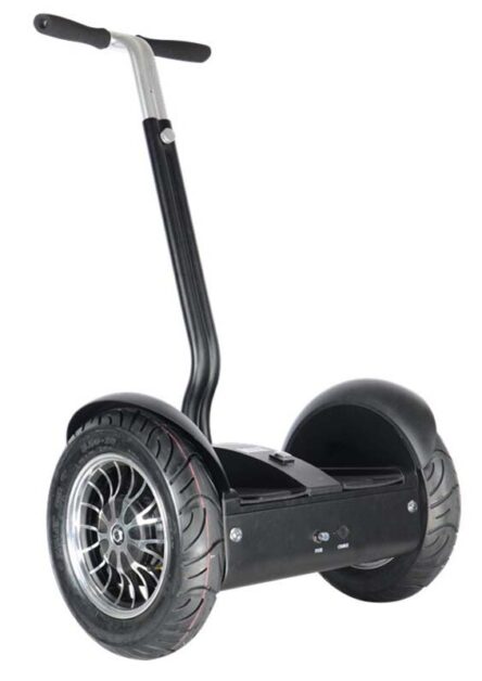 Black hoverboard with a handle with 17 inch wheels.