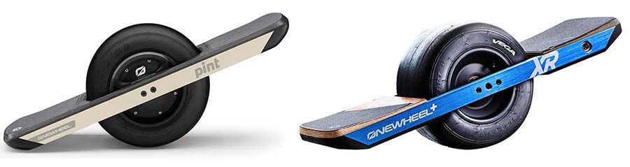 OneWheel Pint on the left and OneWheel+ XR on the right