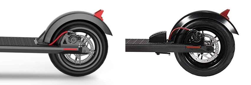 The rear wheel of Gotrax GXL V2 on the left and rear wheel with foot brake of Gotrax GXL v1 on the right.