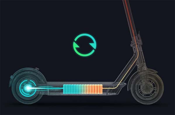 A drawing what shows that battery of Ninebot Max is located in the deck of electric scooter.