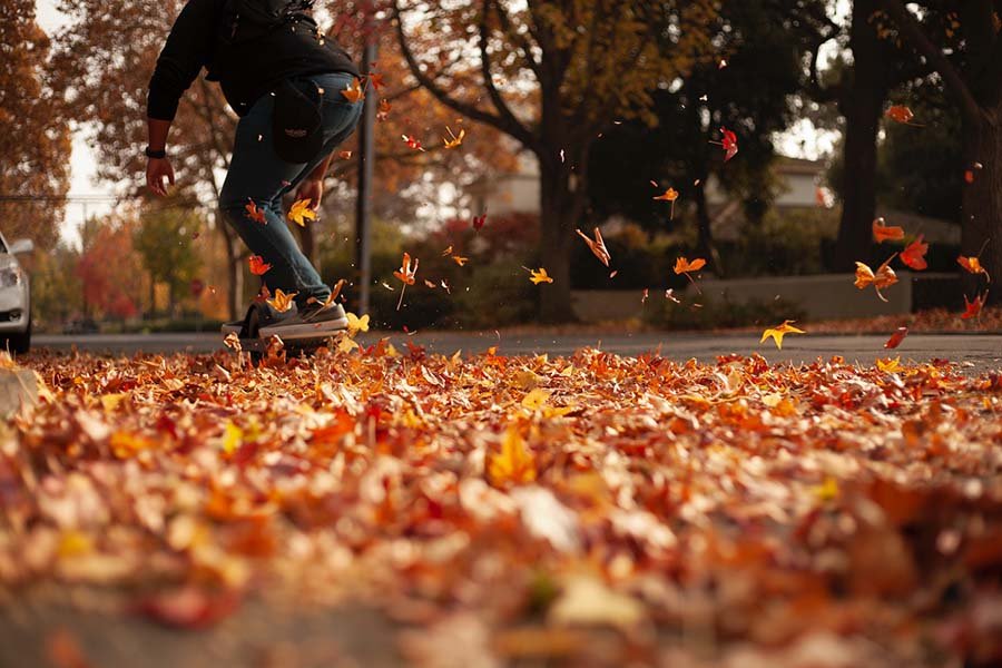 woman riding an electric skateboard through the fallen leaves