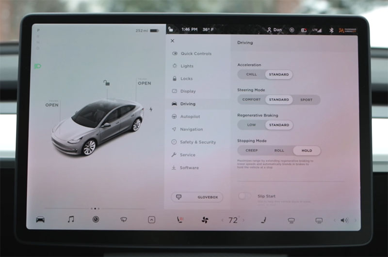 Tesla Model 3 driving settings on the display