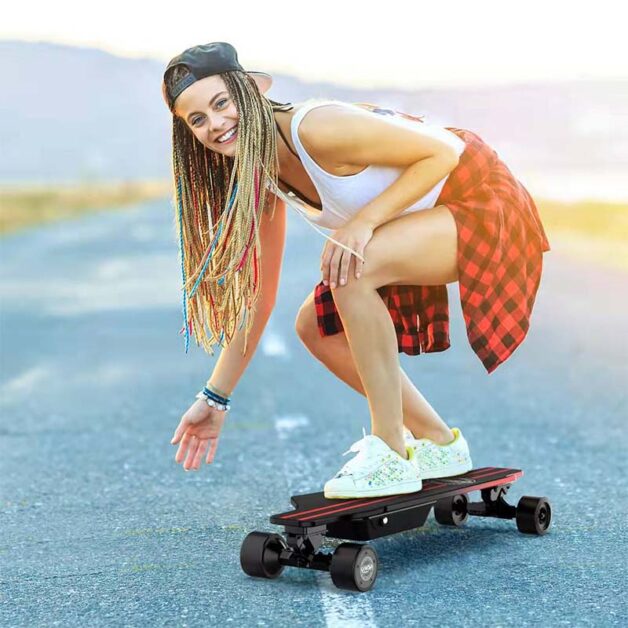 woman riding with Hiboy electric skateboard