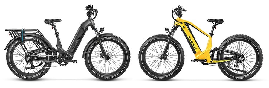 step-through ebike on the left and step-over e-bike on the right