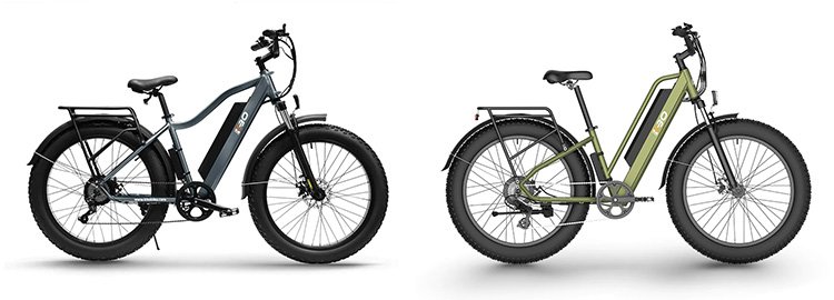 one e-bike with step-over frame and another with step-through frame