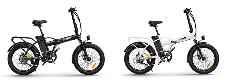black kbo flip e-bike on the left and white kbo flip ebike on the right