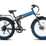 Blue Senada Roamer foldable e-bike on white background
