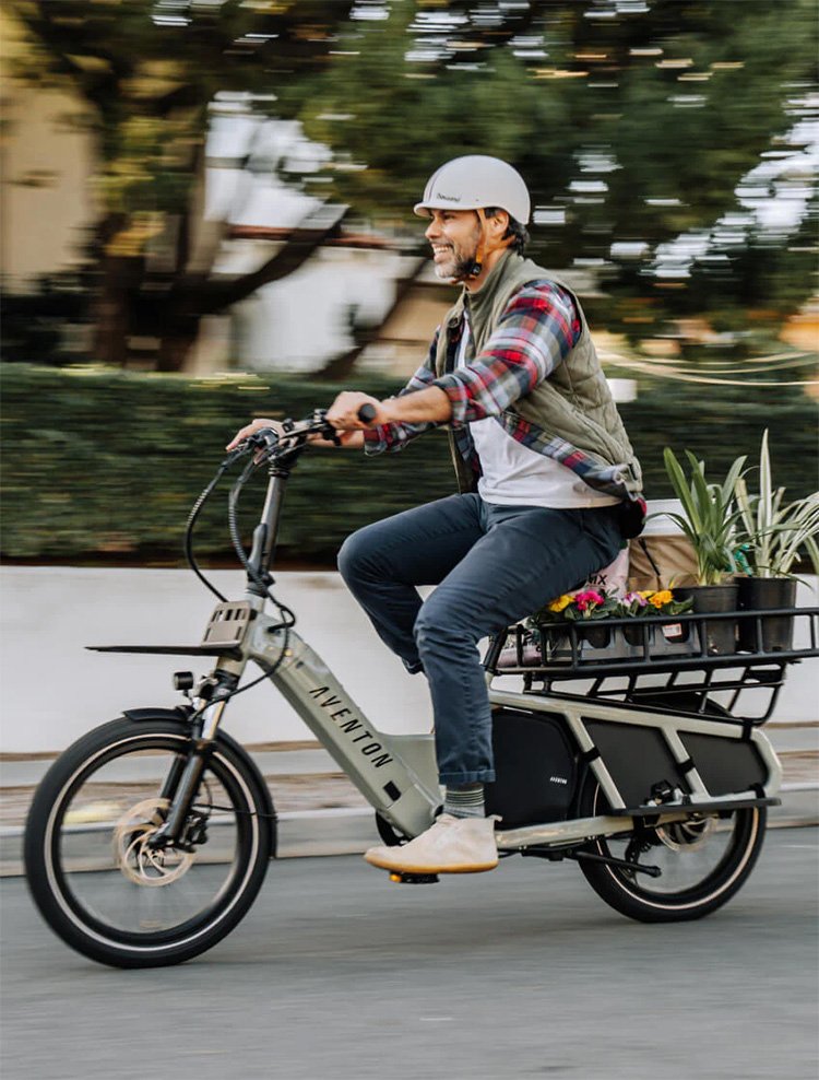 man carrying flower pots on the rear rack of his electric bike