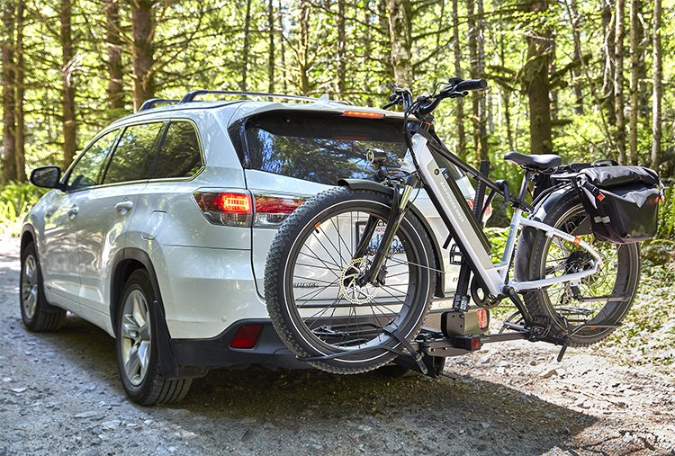 radrover attached to the bike rack behind the car