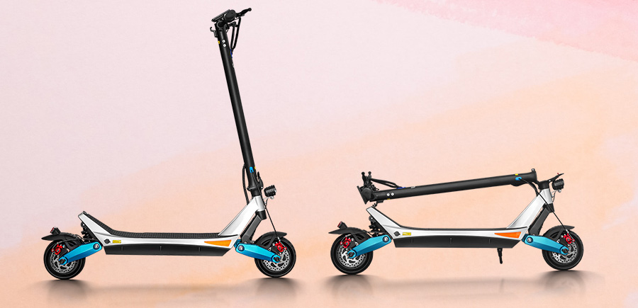 one varla pegasus electric scooter not folded and another folded down