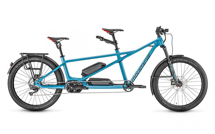 blue electric tandem bike with 2 batteries