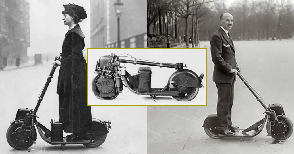 man and woman riding a first electric scooter in the beginning of 20th century