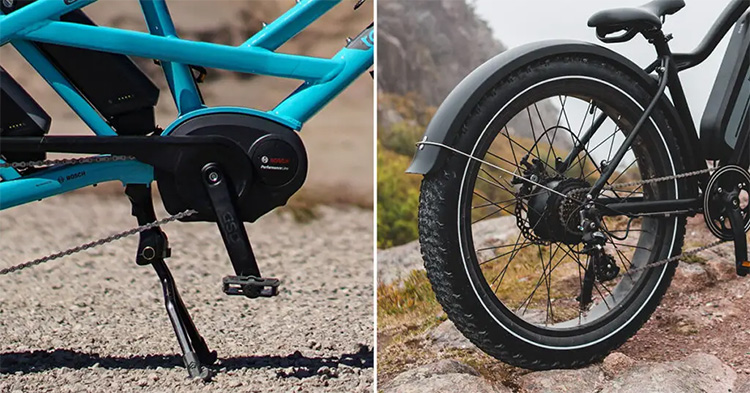 mid drive motor ebike on the left and ebike with rear hub motor on the right