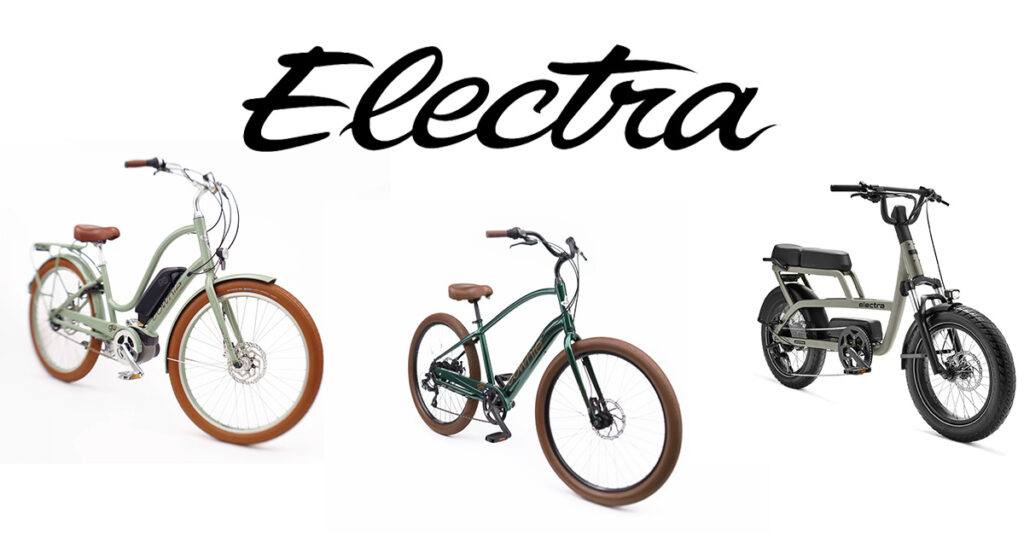 electra logo and 3 different e-bike models
