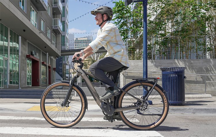 man riding with a ride1up prodigy step-over ebike