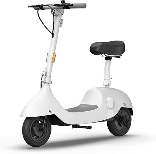 white OKAI electric scooter with a seat