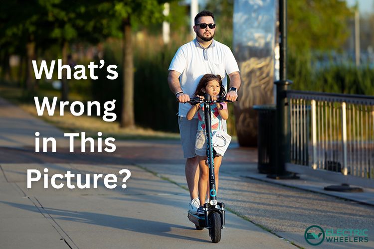 dad and daughter ride 1 electric scooter and don't wear any safety gear