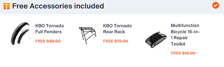 the list of free accessories that comes with kbo tornado