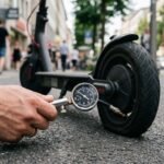man measuring electric scooter tire pressure