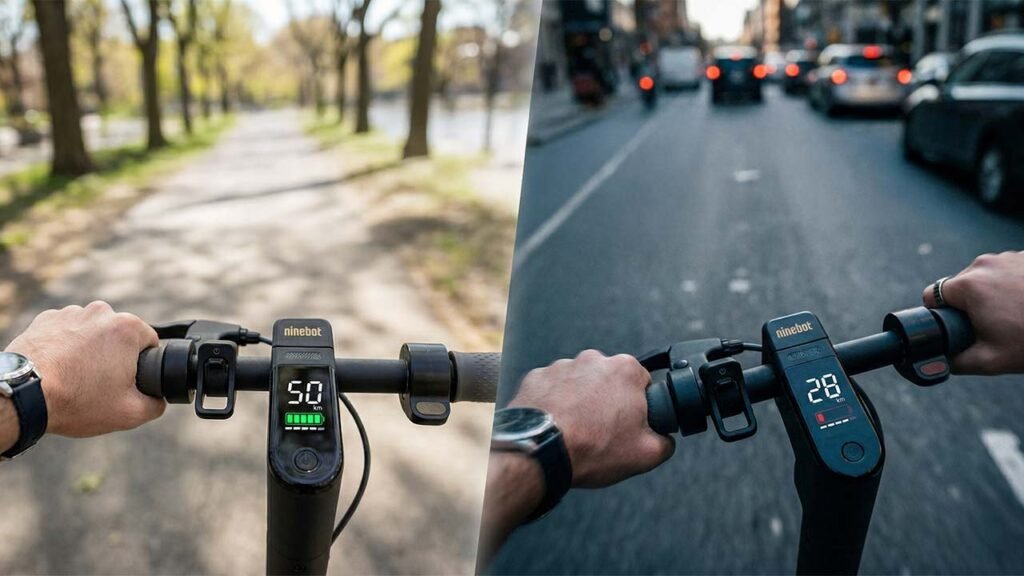 split screen - on the left electric scooter with advertised range left and on the right side an electric scooter with much less range left than expected