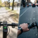 split screen - on the left electric scooter with advertised range left and on the right side an electric scooter with much less range left than expected